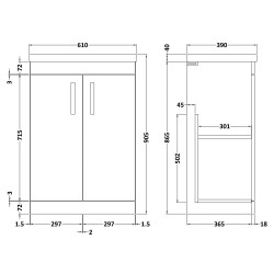 Athena 600mm Freestanding Cabinet & Mid-Edge Basin - Gloss White - Technical Drawing