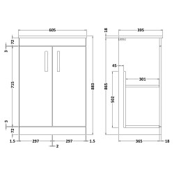 Athena 600mm Freestanding Cabinet & Minimalist Basin - Gloss White - Technical Drawing