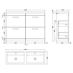 Athena 1200mm 4 Drawer Freestanding Cabinet With Double Ceramic Basin - Anthracite Woodgrain - Technical Drawing