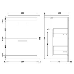 Athena 600mm Freestanding Cabinet & Mid-Edge Basin - Gloss White - Technical Drawing