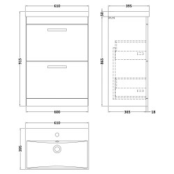 Athena 600mm Freestanding Vanity With Thin-Edge Basin 2 Drawers - Gloss White - Technical Drawing