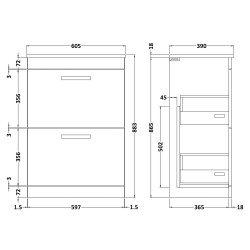 Athena 600mm Freestanding Cabinet & Worktop - Gloss White - Technical Drawing