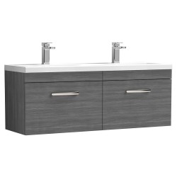 Athena 1200mm 2 Drawer Wall Hung Cabinet With Double Ceramic Basin - Anthracite Woodgrain
