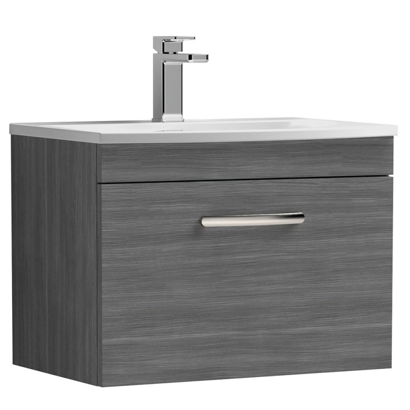 Athena 600mm Wall Hung Vanity With Curved Basin - Anthracite Woodgrain