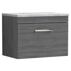 Athena 600mm Single Drawer Wall Hung Vanity With Grey Worktop - Anthracite Woodgrain