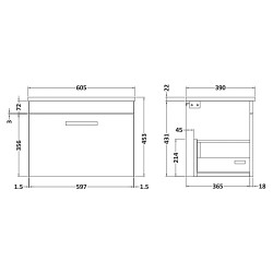 Athena 600mm Single Drawer Wall Hung Vanity With Grey Worktop - Anthracite Woodgrain - Technical Drawing
