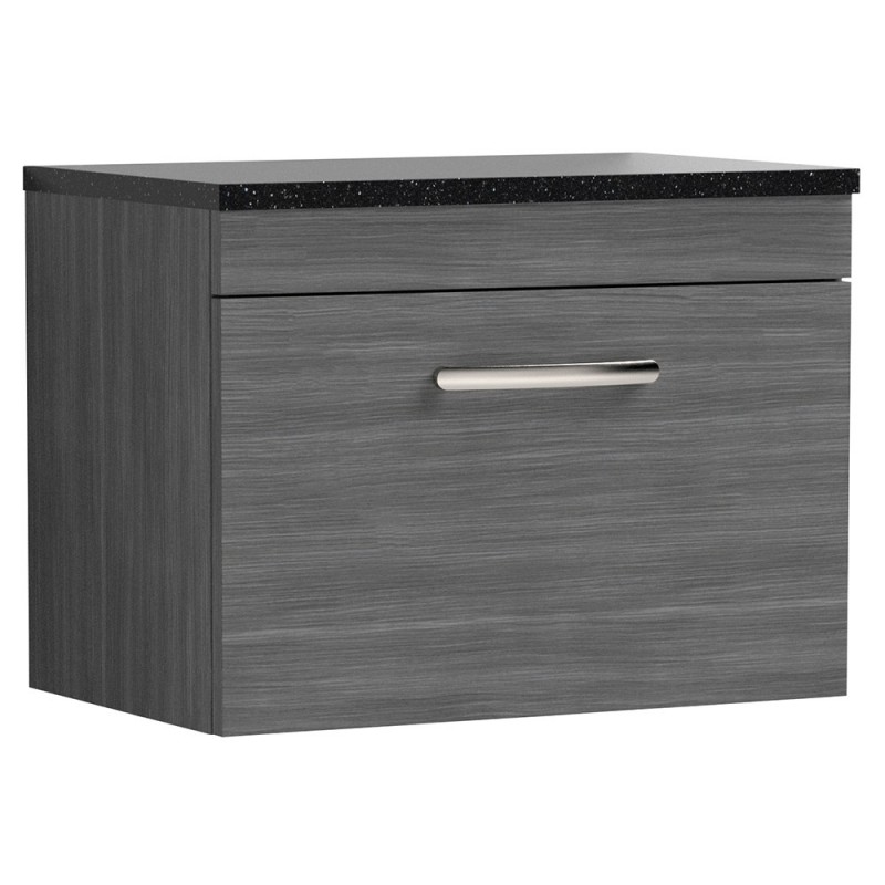 Athena 600mm Single Drawer Wall Hung Vanity With Sparkling Black Worktop - Anthracite Woodgrain Athena 600mm Single Drawer Wall Hung Vanity With Sparkling Black Worktop - Anthracite Woodgrain