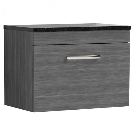 Athena 600mm Single Drawer Wall Hung Vanity With Sparkling Black Worktop - Anthracite Woodgrain