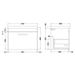 Athena 600mm Wall Hung Cabinet & Mid-Edge Basin - Charcoal Black Woodgrain - Technical Drawing