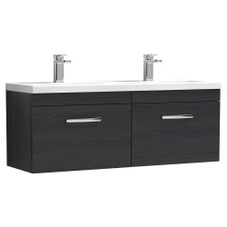 Athena 1200mm 2 Drawer Wall Hung Cabinet With Double Ceramic Basin - Charcoal Black Woodgrain
