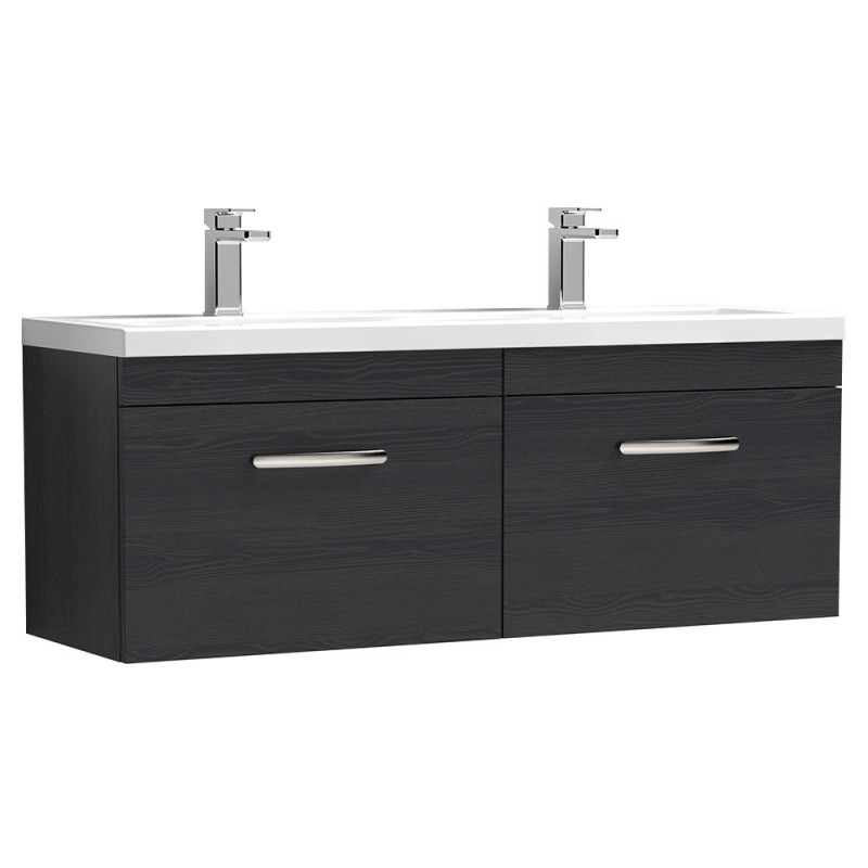 Athena 1200mm 2 Drawer Wall Hung Cabinet With Double Ceramic Basin - Charcoal Black Woodgrain Athena 1200mm 2 Drawer Wall Hung Cabinet With Double Ceramic Basin - Charcoal Black Woodgrain