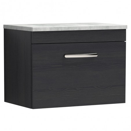 Athena 600mm Single Drawer Wall Hung Vanity With Grey Worktop - Charcoal Black Woodgrain