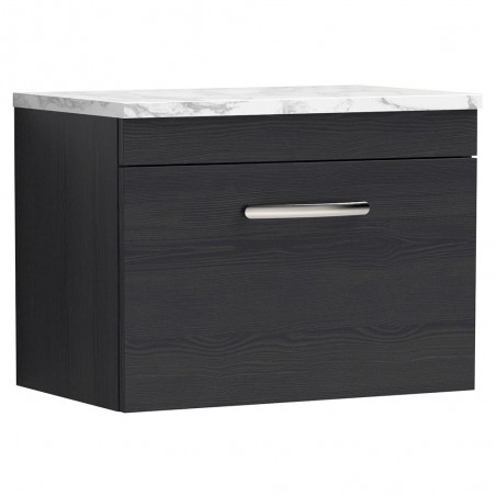 Athena 600mm Wall Hung Single Drawer Unit & Laminate Worktop - Charcoal Black Woodgrain/Carrera Marble