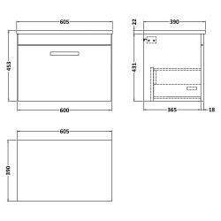 Athena 600mm Wall Hung Single Drawer Unit & Laminate Worktop - Charcoal Black Woodgrain/Carrera Marble - Technical Drawing