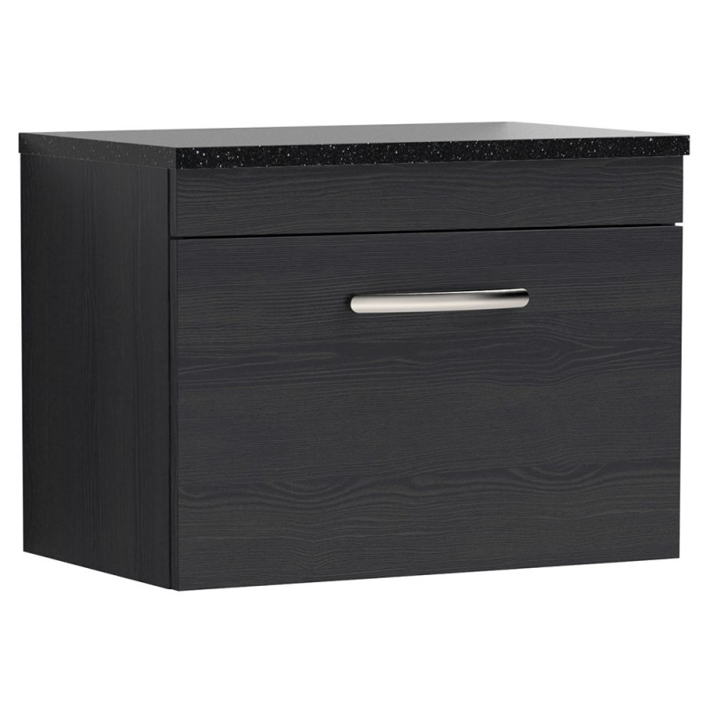 Athena 600mm Single Drawer Wall Hung Vanity With Sparkling Black Worktop - Charcoal Black Woodgrain Athena 600mm Single Drawer Wall Hung Vanity With Sparkling Black Worktop - Charcoal Black Woodgrain
