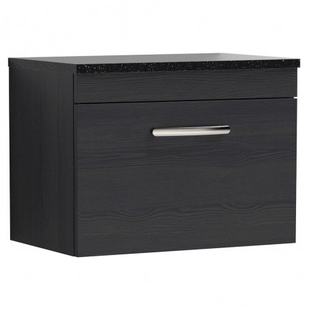 Athena 600mm Single Drawer Wall Hung Vanity With Sparkling Black Worktop - Charcoal Black Woodgrain