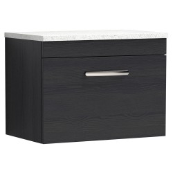Athena 600mm Single Drawer Wall Hung Vanity With Sparkling White Worktop - Charcoal Black Woodgrain