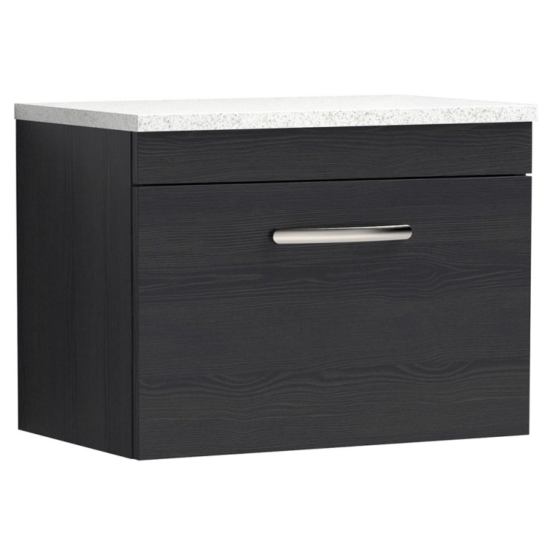 Athena 600mm Single Drawer Wall Hung Vanity With Sparkling White Worktop - Charcoal Black Woodgrain Athena 600mm Single Drawer Wall Hung Vanity With Sparkling White Worktop - Charcoal Black Woodgrain