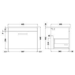 Athena 600mm Wall Hung Cabinet & Minimalist Basin - Gloss White - Technical Drawing