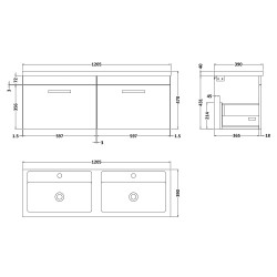 Athena 1200mm Wall Hung Cabinet & Twin Polymarble Basin - Gloss White - Technical Drawing