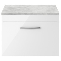 Athena 600mm Single Drawer Wall Hung Vanity With Grey Worktop - Gloss White