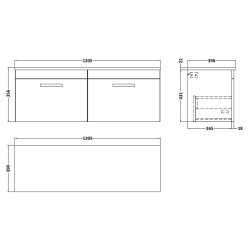 Athena 1200mm Wall Hung 2 Drawer Unit & Laminate Worktop - Gloss White/Bellato Grey - Technical Drawing