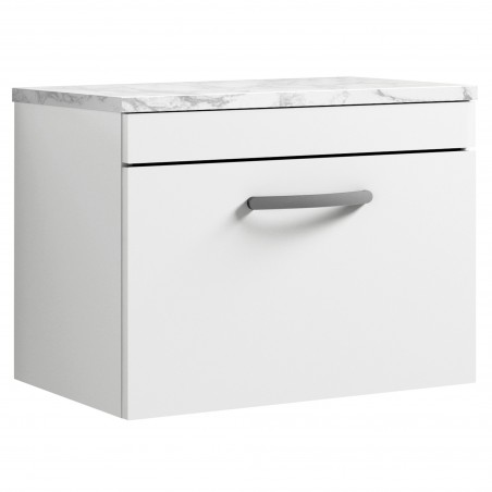 Athena 600mm Wall Hung Single Drawer Unit & Laminate Worktop - Gloss White/Carrera Marble