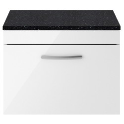 Athena 600mm Single Drawer Wall Hung Vanity With Sparkling Black Worktop - Gloss White