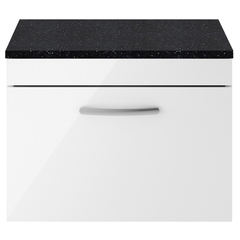 Athena 600mm Single Drawer Wall Hung Vanity With Sparkling Black Worktop - Gloss White Athena 600mm Single Drawer Wall Hung Vanity With Sparkling Black Worktop - Gloss White