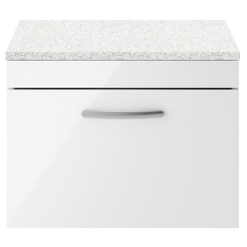 Athena 600mm Single Drawer Wall Hung Vanity With Sparkling White Worktop - Gloss White Athena 600mm Single Drawer Wall Hung Vanity With Sparkling White Worktop - Gloss White