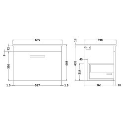 Athena 600mm Wall Hung Cabinet & Worktop - Gloss White - Technical Drawing