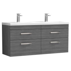 Athena 1200mm 4 Drawer Wall Hung Cabinet With Double Ceramic Basin - Anthracite Woodgrain