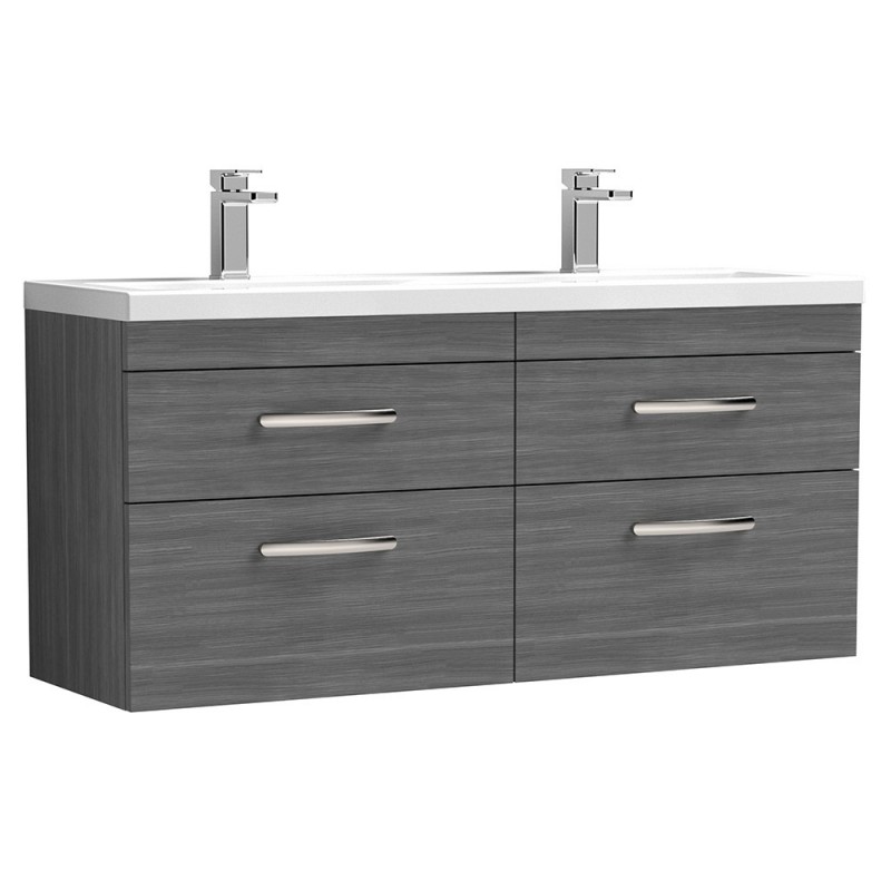 Athena 1200mm 4 Drawer Wall Hung Cabinet With Double Ceramic Basin - Anthracite Woodgrain Athena 1200mm 4 Drawer Wall Hung Cabinet With Double Ceramic Basin - Anthracite Woodgrain
