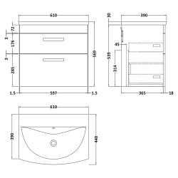 Athena 600mm Wall Hung Vanity With Curved Basin - Anthracite Woodgrain - Technical Drawing