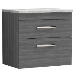 Athena 600mm 2 Drawer Wall Hung Vanity With Grey Worktop - Anthracite Woodgrain