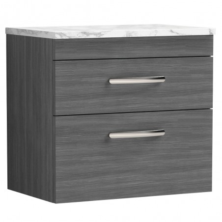 Athena 600mm Wall Hung 2 Drawer Unit & Laminate Worktop - Anthracite Woodgrain/Carrera Marble