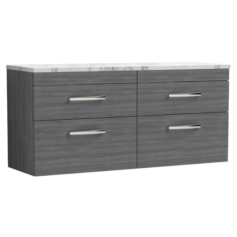 Athena 1200mm Wall Hung 4 Drawer Unit & Laminate Worktop - Anthracite Woodgrain/Carrera Marble