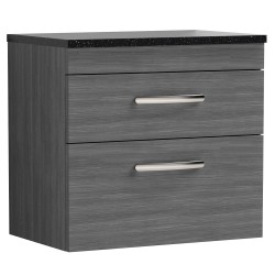 Athena 600mm 2 Drawer Wall Hung Vanity With Sparkling Black Worktop - Anthracite Woodgrain
