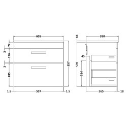 Athena 600mm Wall Hung Cabinet & Worktop - Anthracite Woodgrain - Technical Drawing