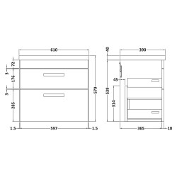 Athena 600mm Wall Hung Cabinet & Mid-Edge Basin - Charcoal Black Woodgrain - Technical Drawing