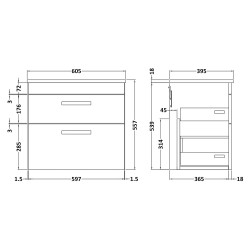Athena 600mm Wall Hung Cabinet & Minimalist Basin - Charcoal Black Woodgrain - Technical Drawing