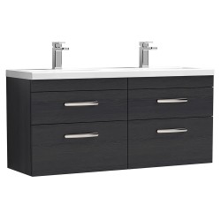 Athena 1200mm 4 Drawer Wall Hung Cabinet With Double Ceramic Basin - Charcoal Black Woodgrain