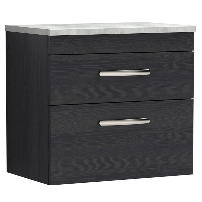 Athena 600mm 2 Drawer Wall Hung Vanity With Grey Worktop - Charcoal Black Woodgrain Athena 600mm 2 Drawer Wall Hung Vanity With Grey Worktop - Charcoal Black Woodgrain