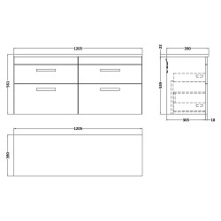 Athena 1200mm Wall Hung 4 Drawer Unit & Laminate Worktop - Charcoal Black Woodgrain/Bellato Grey - Technical Drawing