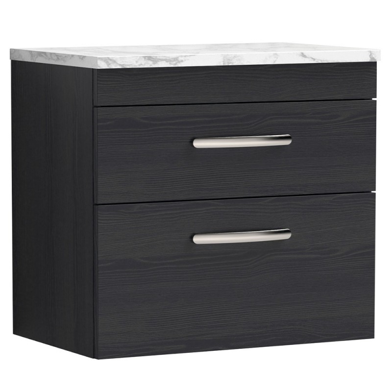 Athena 600mm Wall Hung 2 Drawer Unit & Laminate Worktop - Charcoal Black Woodgrain/Carrera Marble