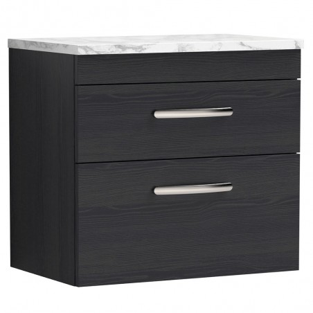 Athena 600mm Wall Hung 2 Drawer Unit & Laminate Worktop - Charcoal Black Woodgrain/Carrera Marble