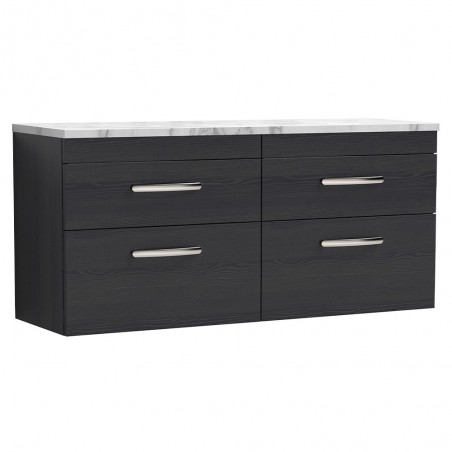 Athena 1200mm Wall Hung 4 Drawer Unit & Laminate Worktop - Charcoal Black Woodgrain/Carrera Marble