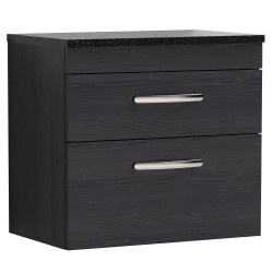 Athena 600mm 2 Drawer Wall Hung Vanity With Sparkling Black Worktop - Charcoal Black Woodgrain