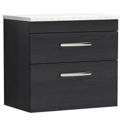 Athena 600mm 2 Drawer Wall Hung Vanity With Sparkling White Worktop - Charcoal Black Woodgrain