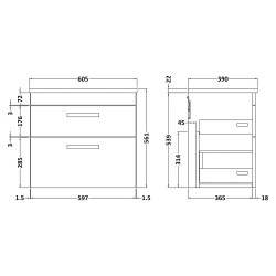 Athena 600mm 2 Drawer Wall Hung Vanity With Sparkling White Worktop - Charcoal Black Woodgrain - Technical Drawing